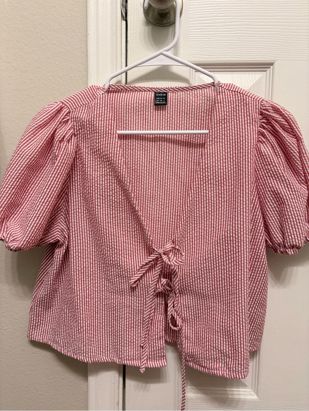 SHEIN Pink Striped Tie-Back Puff Sleeve Blouse- fit runs smaller